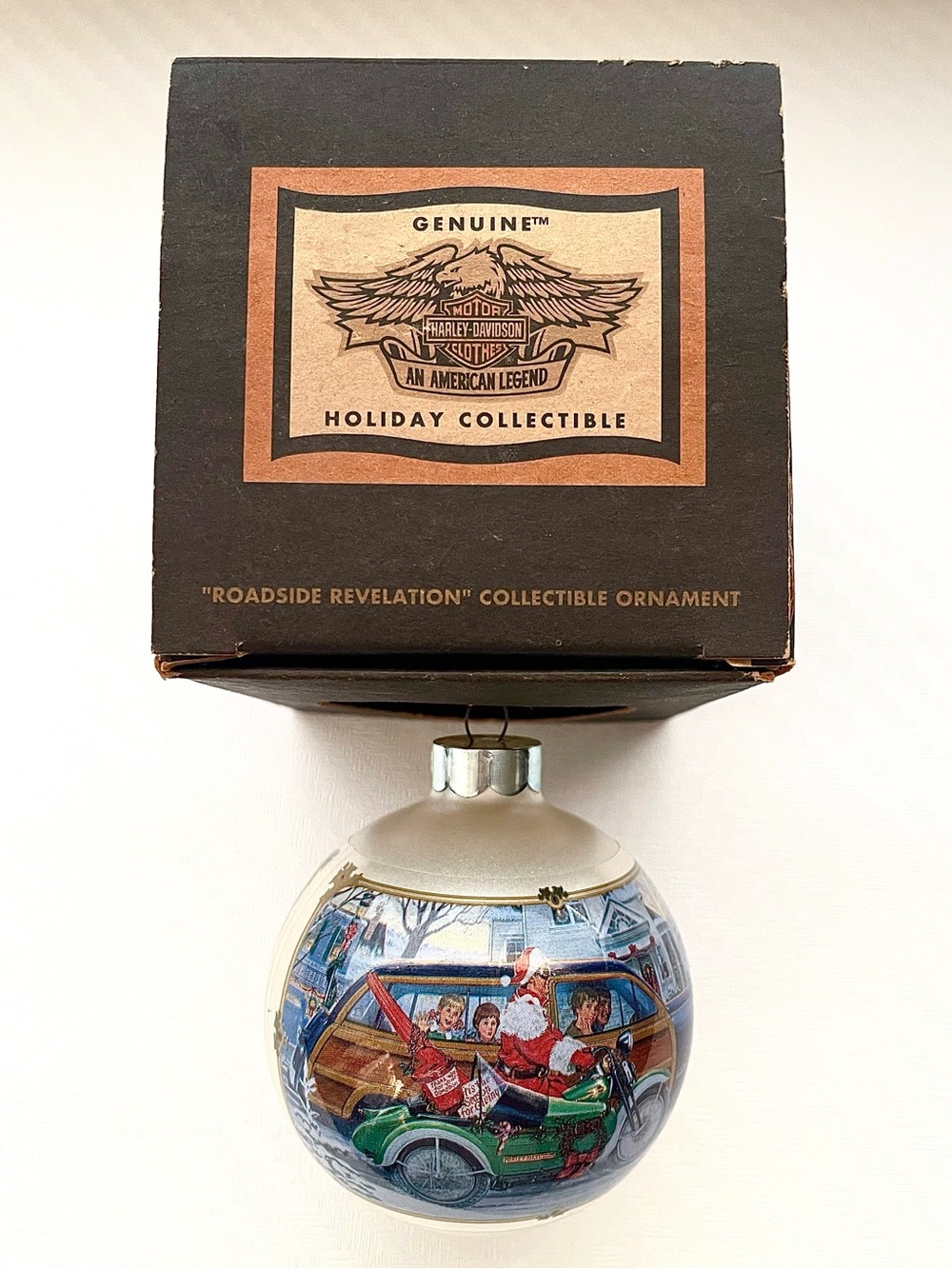 HARLEY DAVIDSON Roadside Revelation Glass Ball Christmas Ornament VINTAGE